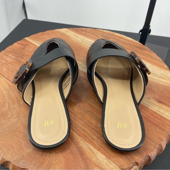 H&M Black Faux Leather Point Toe Open Vamp Tortoise Mules Flats Slides, 36 5-5.5 - Picture 5 of 6
